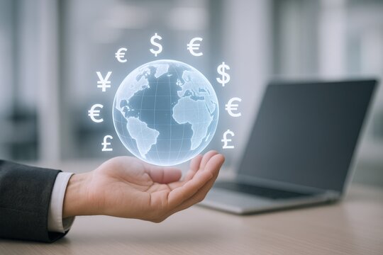 Global Finance Concept: Businessman Holding Digital Globe Surrounded by Currency Symbols in Modern Office