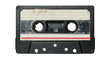 A used audio cassette tape. Dark gray plastic case, dirty and worn. Visible tape markings and discoloration. Two circular holes in the center
