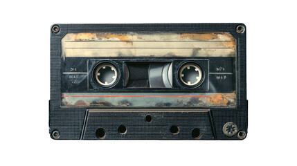 Obraz premium A vintage audio cassette tape, heavily worn and dusty