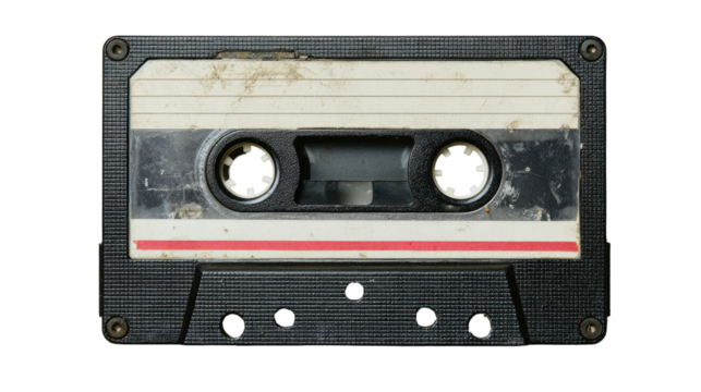 A used audio cassette tape.  Dark gray plastic case, dirty and worn.  Visible tape markings and discoloration.  Two circular holes in the center