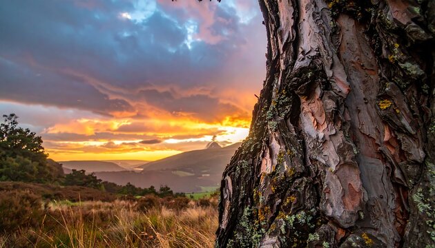 Pine tree trunk at sunset