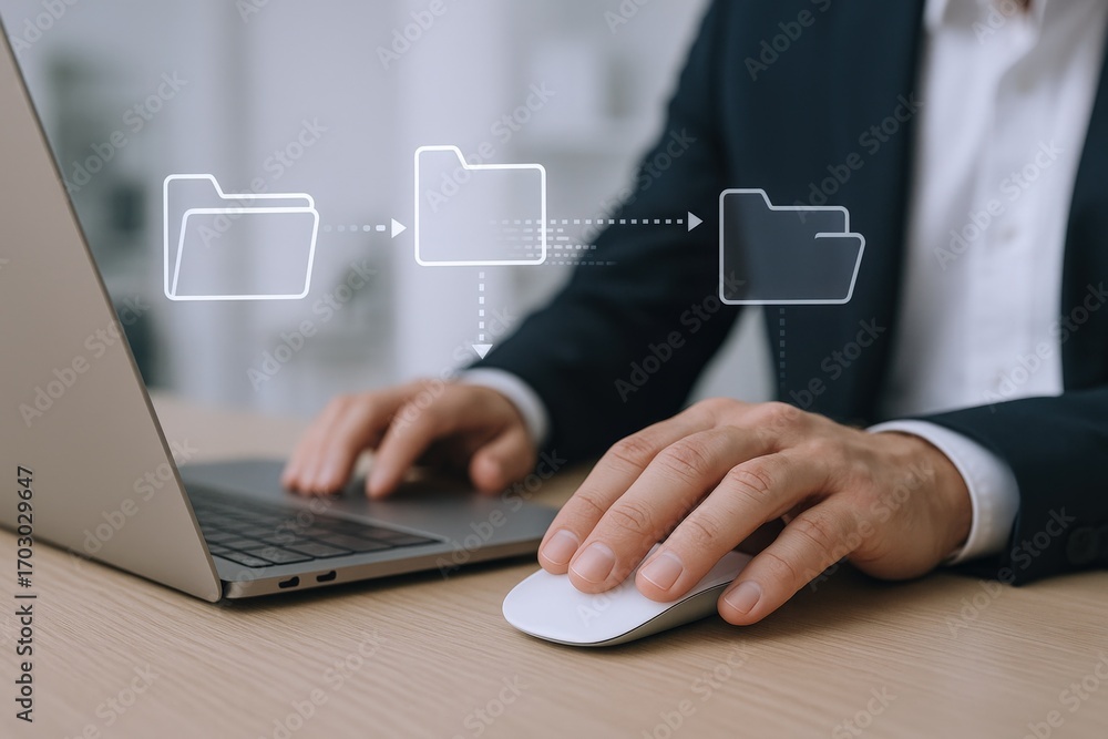 Poster data transfer process: man transferring files with laptop and mouse, representing information manage