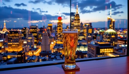 Obraz premium Beer with a view of the New York City skyline at dusk. Bar Scene with cityscape.