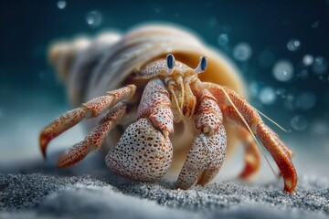 Hermit Crab Close-Up: A Macro View of a Crustacean in Its Shell on Sandy Seabed