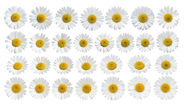 White daisies in a grid pattern.  Many daisy blossoms.  Perfect, symmetrical arrangement