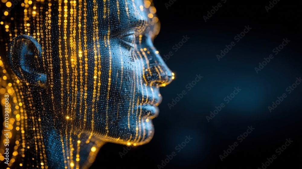 Poster artificial intelligence face with golden light streaks, futuristic technology concept, machine learn