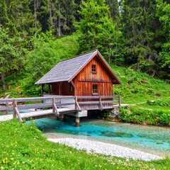 Wooden cabin by a crystal-clear stream