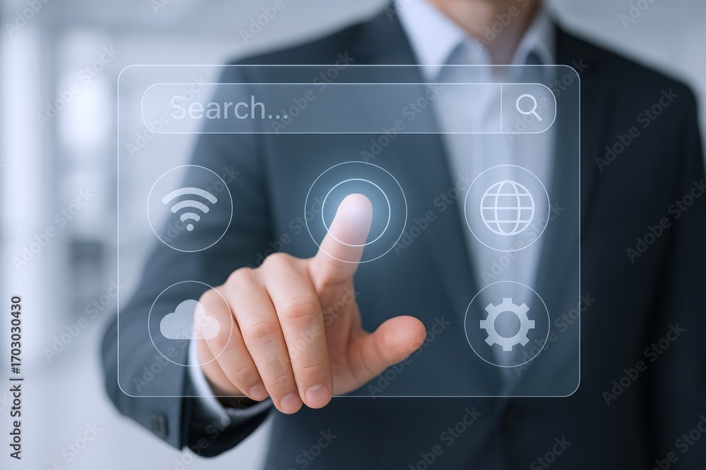 Aufkleber interactive interface: businessman using touchscreen search application for business and technology 