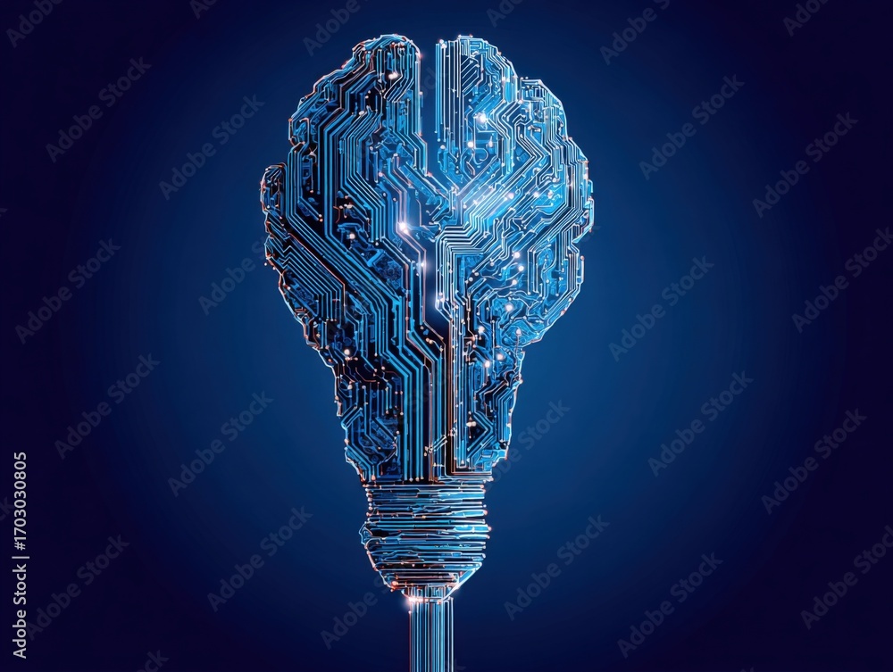 Poster artificial intelligence concept: circuit board brain inside a lightbulb, symbolizing innovation and 