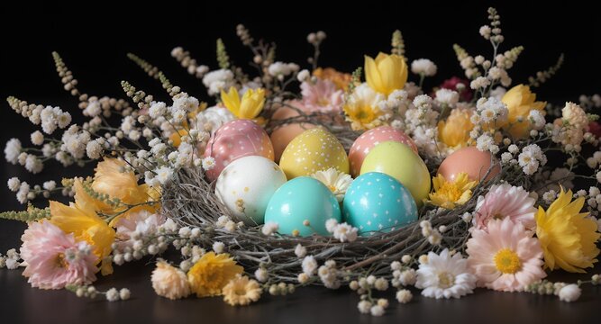 Easter eggs in a nest with spring flowers