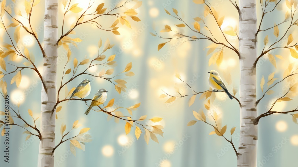 Poster serene autumn scene featuring two small birds perched on branches of birch trees with golden leaves 