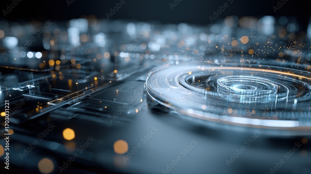 Poster abstract technology background with circular elements and bokeh lights for modern innovations