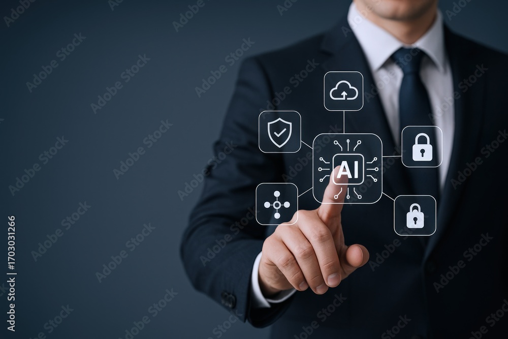 Aufkleber ai integration: businessman activating artificial intelligence interface for cloud security and netw