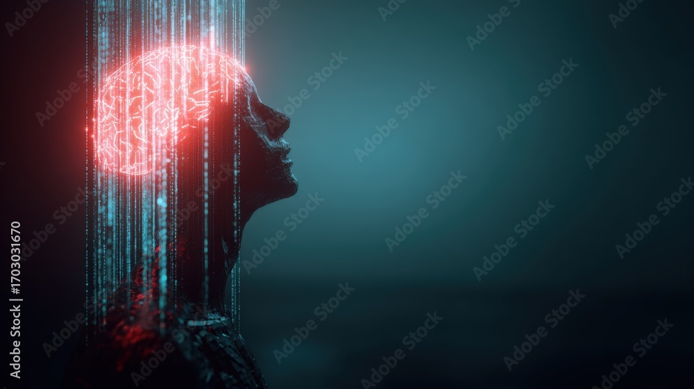 Poster artificial intelligence head concept with glowing brain and data streams, illustrating future techno