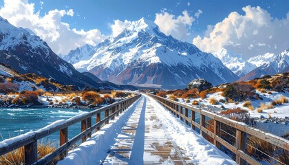 Scenic Snowy Bridge Leading to Majestic Mountains Under a Bright Blue Sky