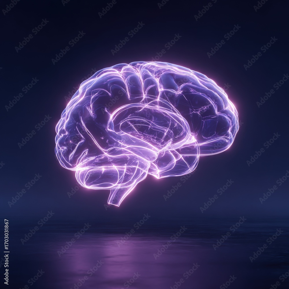 Poster abstract 3d rendering of human brain with glowing outline, neural network visualization on dark back