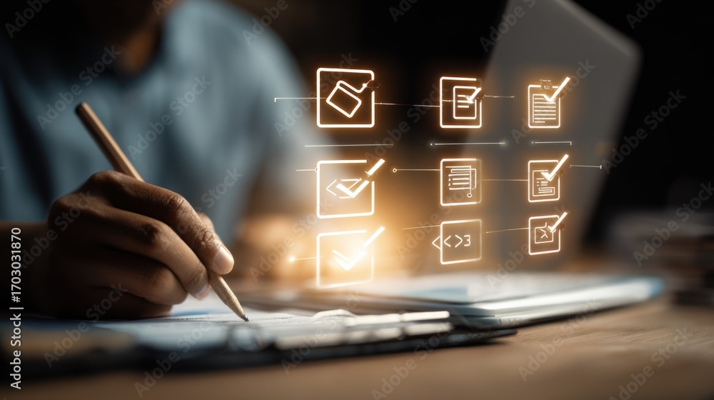 Poster digital checklist conceptualization: hand with pen completing tasks with virtual interface on clipbo