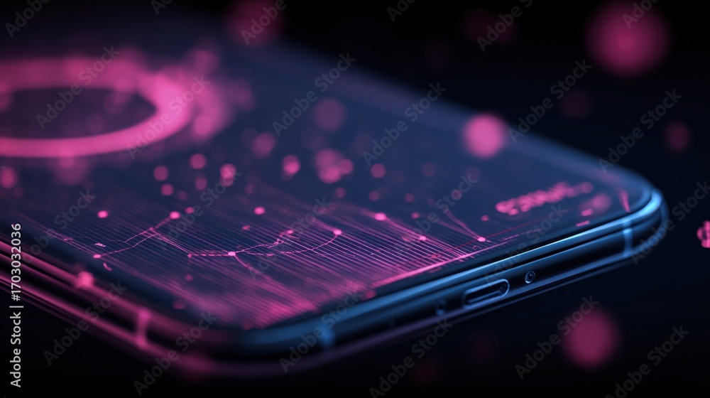 Poster smartphone displaying advanced technology interface with holographic data, digitalization, and futur