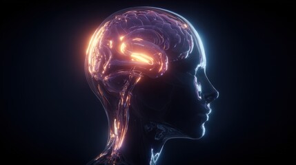 Obraz premium Human Head Silhouette with Glowing Brain Activity, Conceptual Image for Artificial Intelligence and Neuroscience