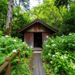 Wooden cabin nestled in lush green forest, with pathway and flowers