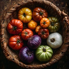 Colorful Heirloom Tomatoes and Onions in Rustic Woven Basket