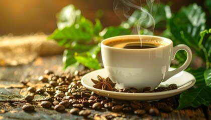 Steaming white coffee cup on a saucer, surrounded by beans, star anise, and green leaves, placed on a weathered wooden surface