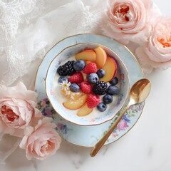 Bowl of Fruit with Cream, Pink Roses and Golden Spoon on Marble Table