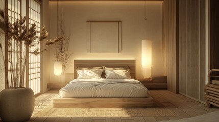 Minimalist Zen-style bedroom with soft neutral tones, 