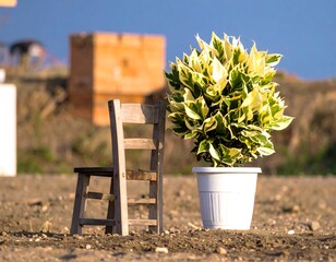 Wooden chair and variegated plant in a field