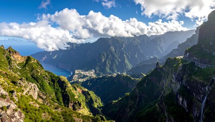 Fototapeta premium Spectacular panoramic view of mountain peaks with clouds in Madeira Island
