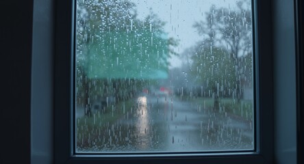 Rain drops on window pane, Rainy day view from indoors, Blurry street scene through wet glass