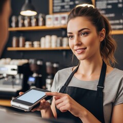 Barista processes mobile payments at coffee shop with friendly service
