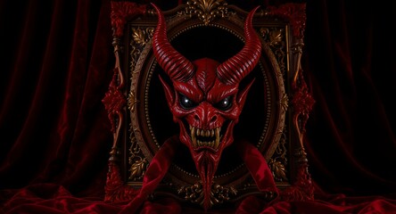 Naklejka premium Red Devil Mask in Ornate Frame, Dark Red Velvet Background, Halloween, Horror, Gothic, Fantasy, Dark Art, Evil, Demonic, Supernatural, Mysterious, Scary, Spooky, Threatening, Dramatic Lighting, F
