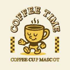 coffee mascot character illustration of walking coffee in retro groovy style