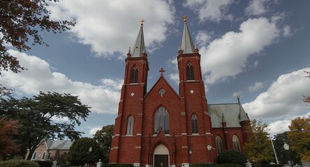 Red Brick Church with Twin Steeples Under a Cloudy Sky