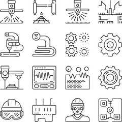 Industrial Technology Icons Set Featuring Robotics and Engineering Equipment Keywords: industrial, technology, icons, robotics, engineering, machinery