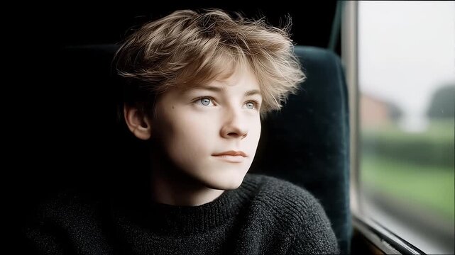 A Young Boy Gazing Out the Window on a Train Journey