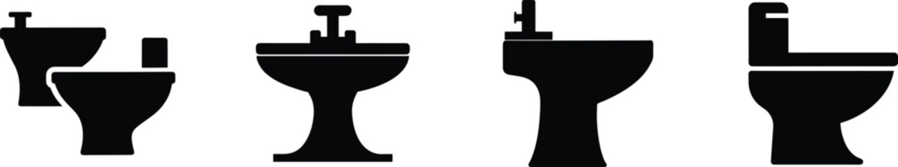 Bathroom fixtures set toilet sink bidet icon collection vector