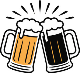 Two Mugs Of Beer Clinking Together With Foam And Bubbles Vector Illustration drink alcohol