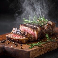 Grilled Sliced Steak with Rosemary on Wooden Board Steaming in Dark Setting