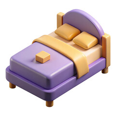 3d cartoon bed render purple and yellow isolated on transparent background