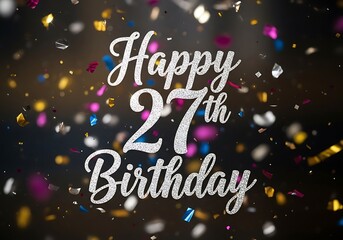 Happy 27th birthday text with confetti celebration