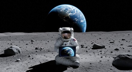 Obraz premium Lunar Astronaut Contemplating Earth on Tablet with Lunar Surface View