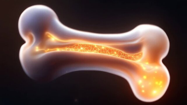 Human bone structure with glowing bone marrow inside.