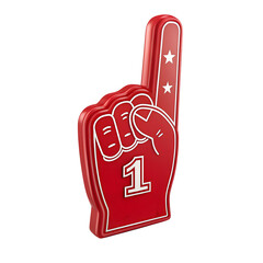 Number One Fan Glove: A vibrant, eye-level shot of a classic Number One foam hand, showcasing the symbol of support and enthusiasm with its bold design and iconic gesture.
