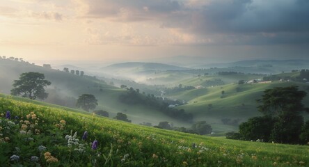 Serene Rolling Hills Landscape at Sunrise, Misty Valley, Green Meadow, Wildflowers
