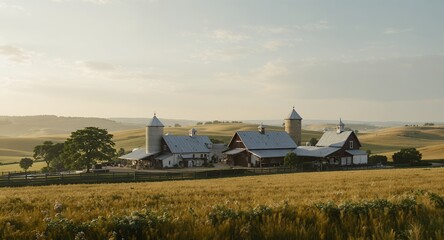 Serene rural landscape with barn and silos at golden hour, idyllic farm scene, agricultural setting, countryside scenery, farm buildings, tranquil nature