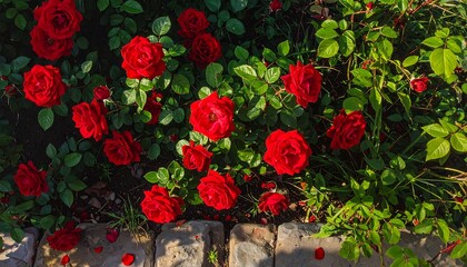 Red roses blooming in a garden bed