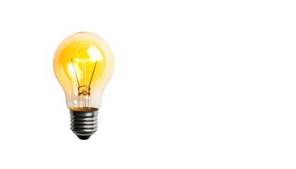 Illuminated lightbulb against black background.  A classic lightbulb glows brightly, showcasing a warm yellow light.  The bulb's glass is transparent, revealing the filament inside