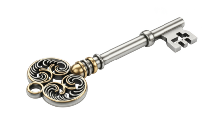 Ornate metallic key gleams against black